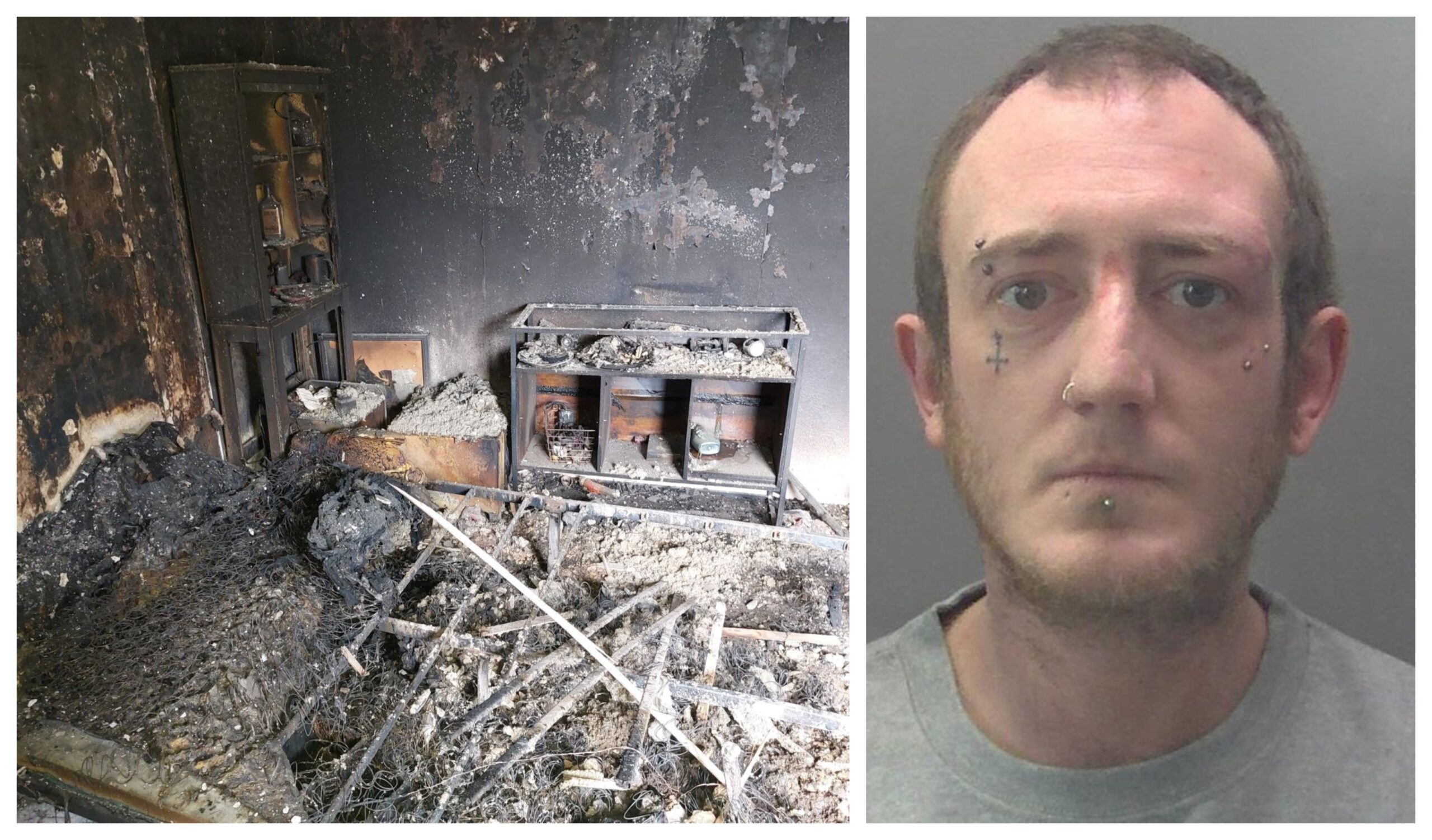 Custody photo of arsonist Joshua Allen, together with photo of the damage caused by the fire.