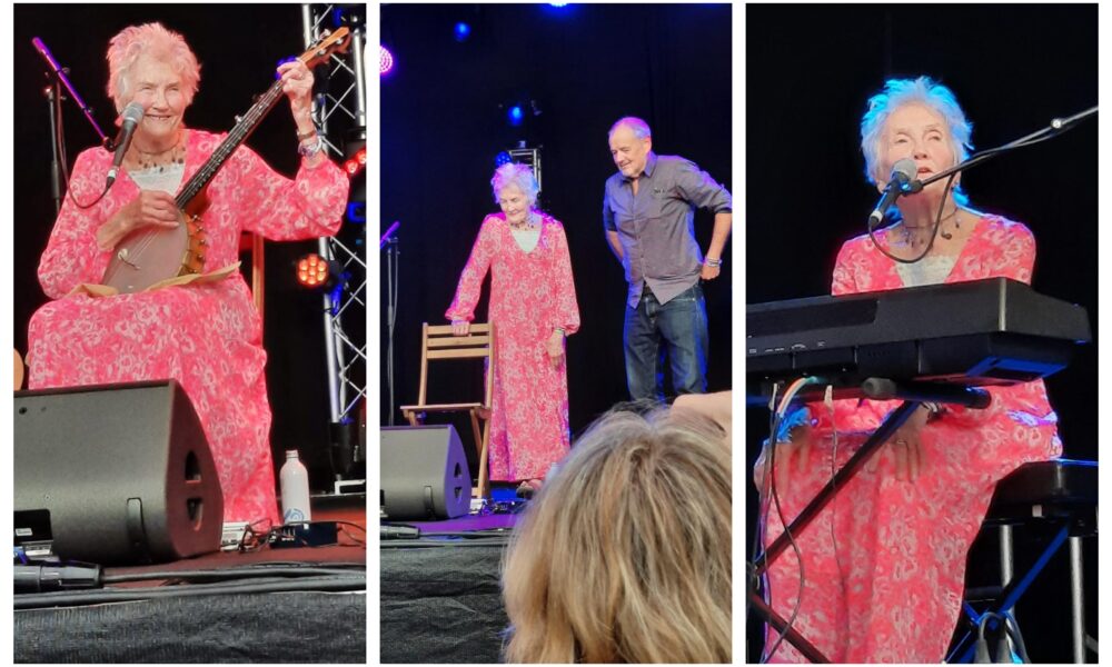 Billed as Peggy Seeger and Family – the revered songwriter delighted Stage One in the early afternoon, appearing with her two sons, the musicians Neill and Callum MacColl; someone else’s son, Ben Nicholls on double bass, and her daughter-in-law Kate St John on accordion and vocals.