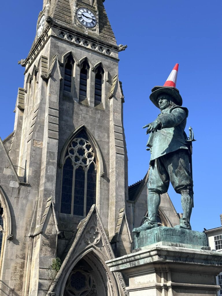 “In St. Ives this morning and it’s disappointing to see the statue of Oliver Cromwell with a traffic cone still on top of it,” MP Ben Obese-Jecty posted to Facebook.