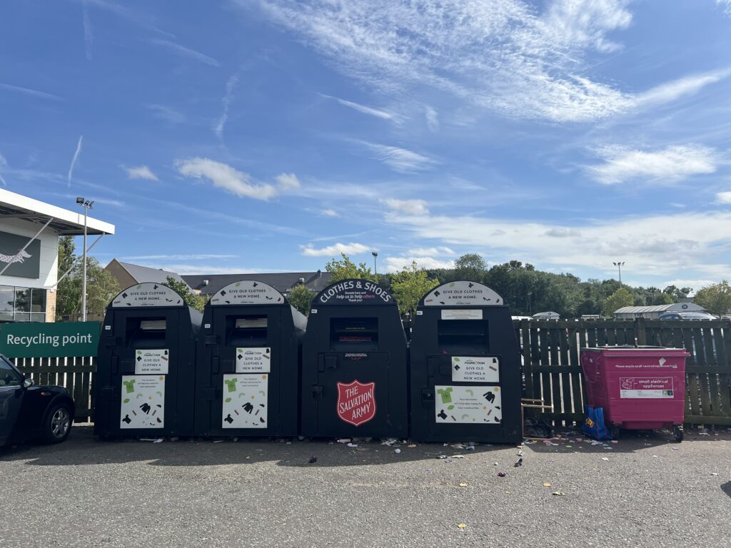 Fly tipper left a cardboard box “and personal correspondence” next to the clothing banks in the car park near Home Bargains in Cambourne.